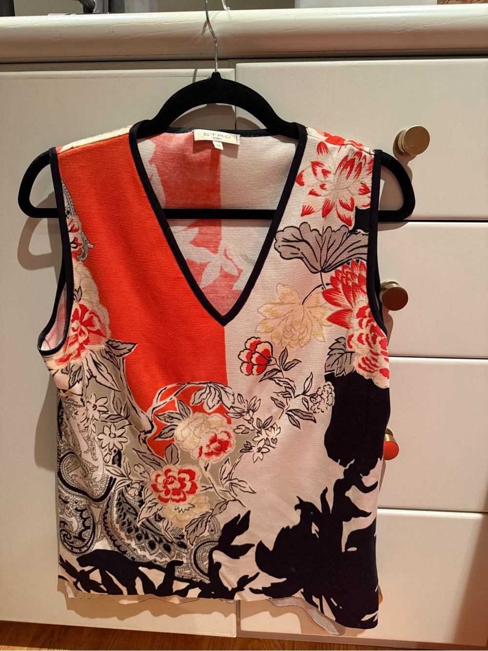 Etro V-Neck Sleeveless Tank in Coral, Black and Cream